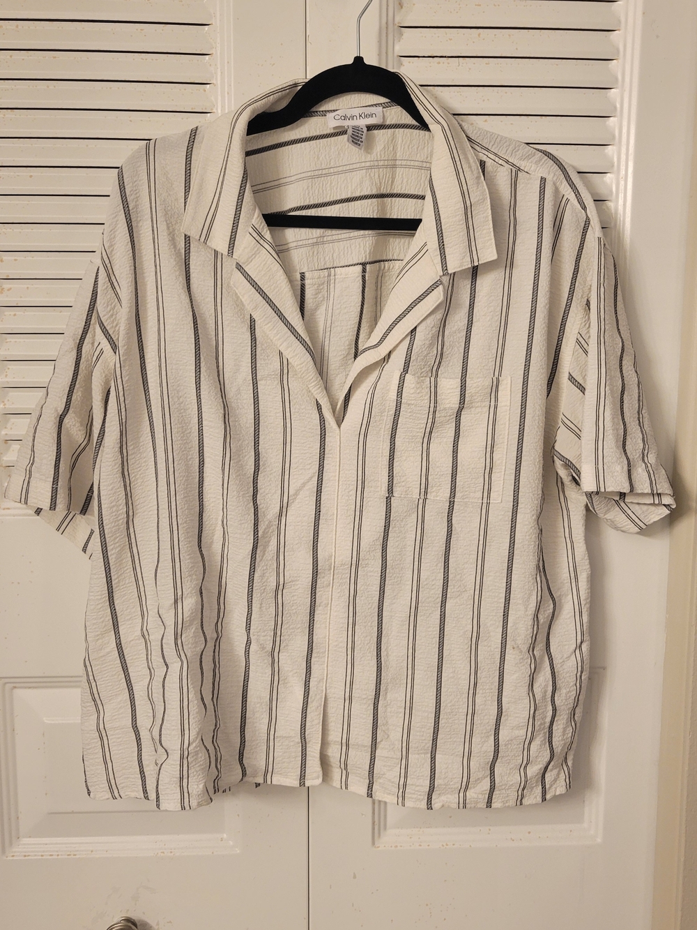 Calvin Klein Cream Button-Up Short-Sleeve Shirt with Black Stripes